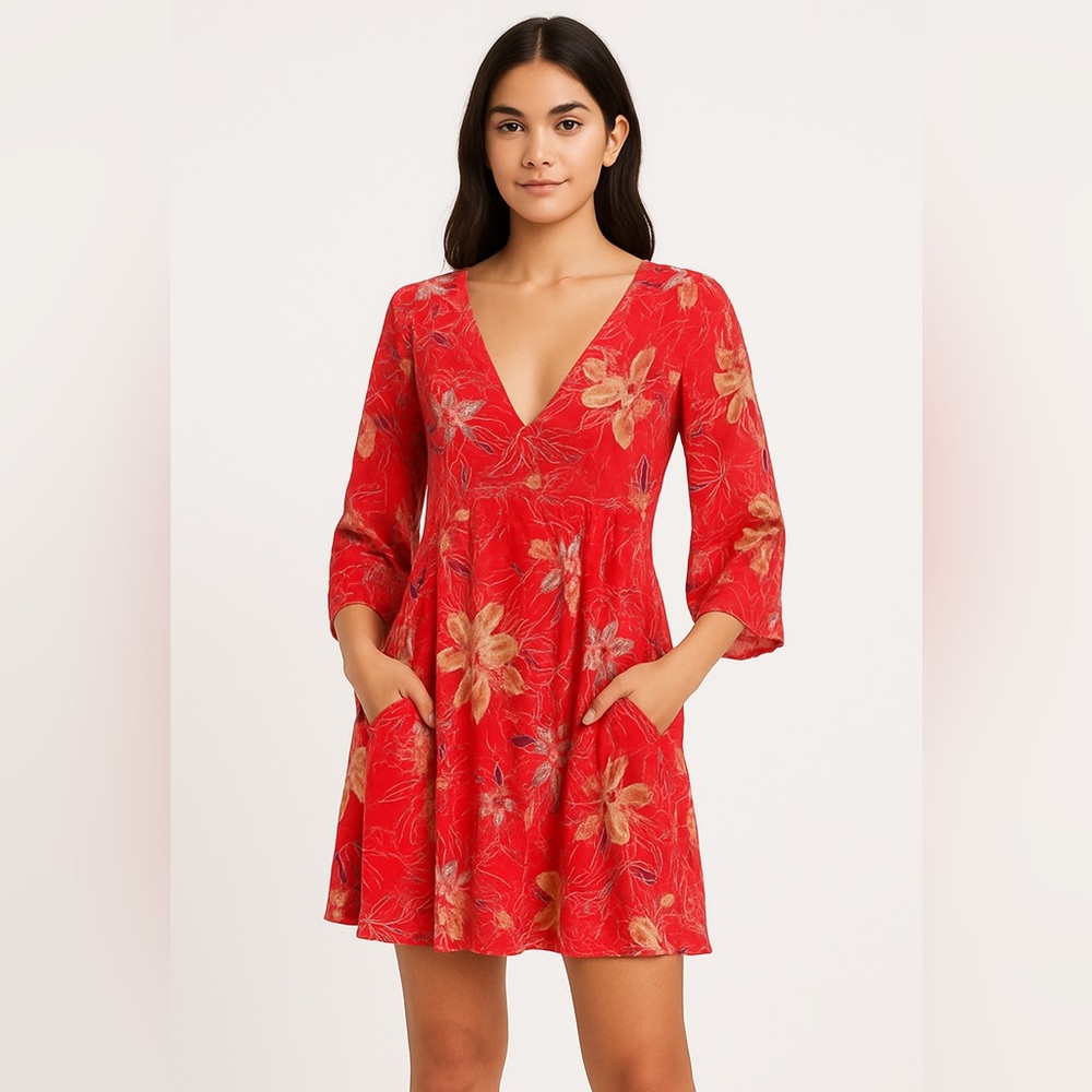Free People Red Floral Boho Mini Dress Size 8